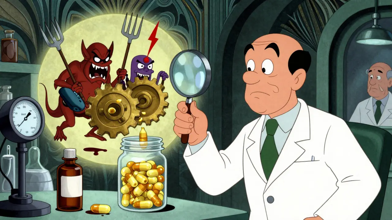 A pharmacist reveals demons inside goldenseal capsules smashing drug-processing enzymes in retro animation style.