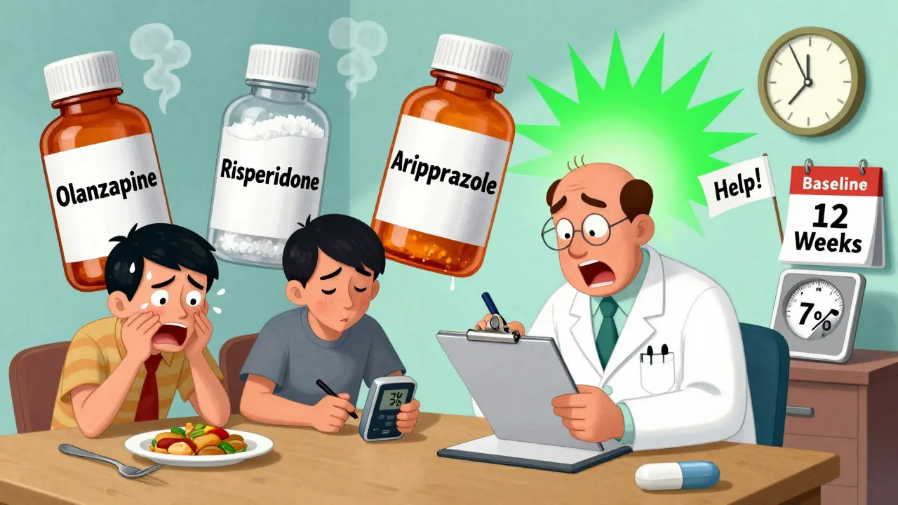 A psychiatrist surrounded by patients and floating drug bottles, with one pill shining brightly as others emit danger signs.