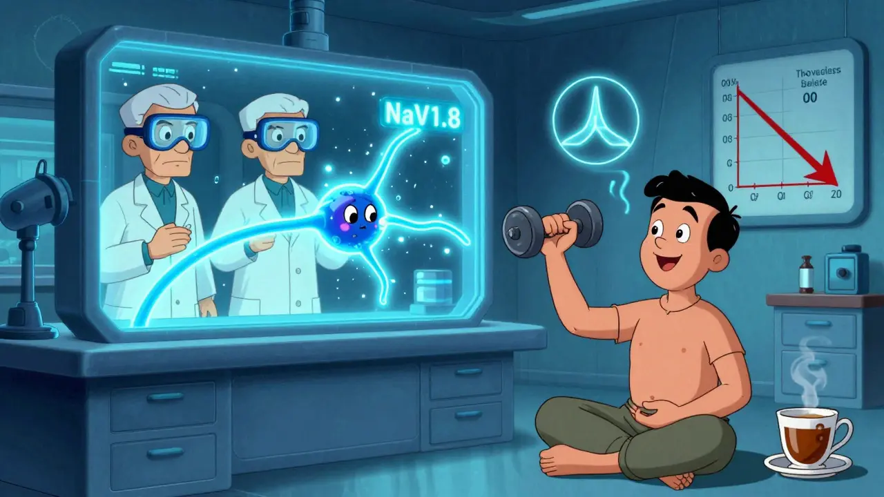 A scientist blocks a pain nerve pathway with a glowing pill as a patient moves freely in a retro-futuristic lab.