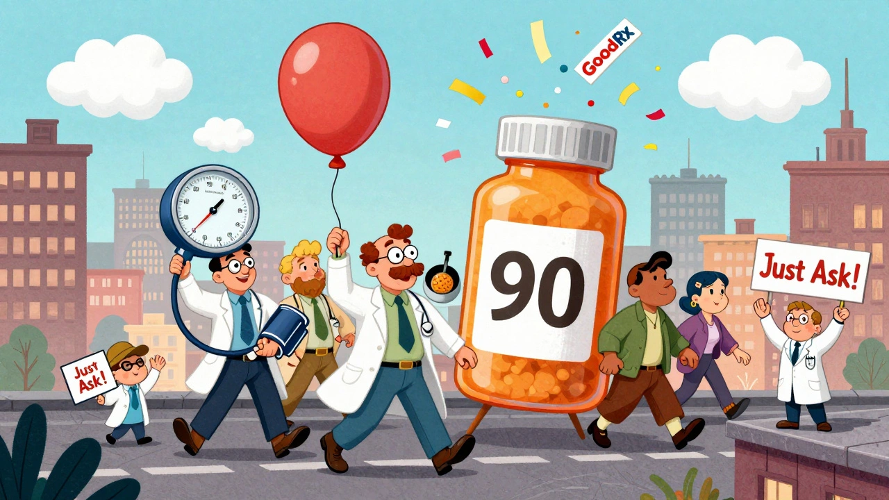 A whimsical parade of people with medical items marching behind a giant 90-day pill bottle float.