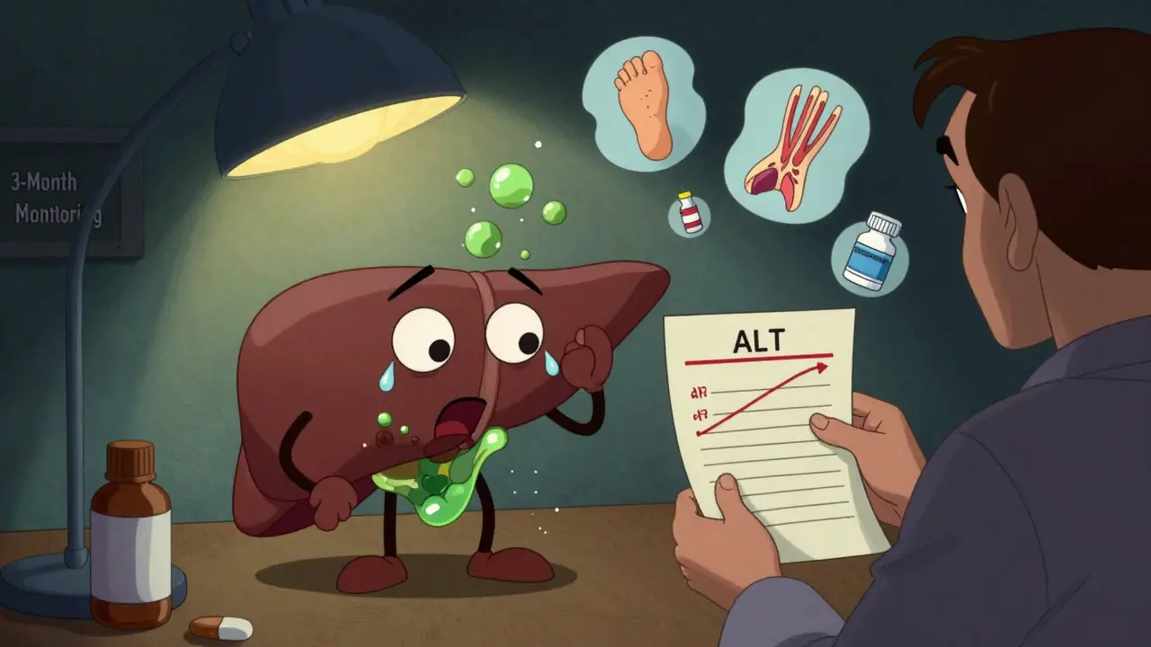 Animated liver sweating over rising liver enzyme levels on a blood test.