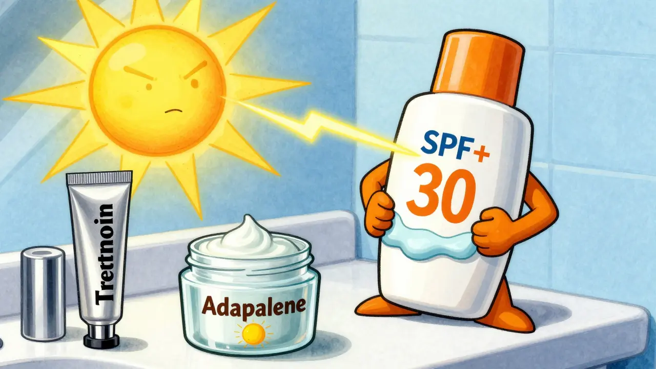 Bathroom counter with tretinoin and adapalene tubes guarded by a sunscreen superhero, blocking UV lightning while moisturizer hugs the retinoids.
