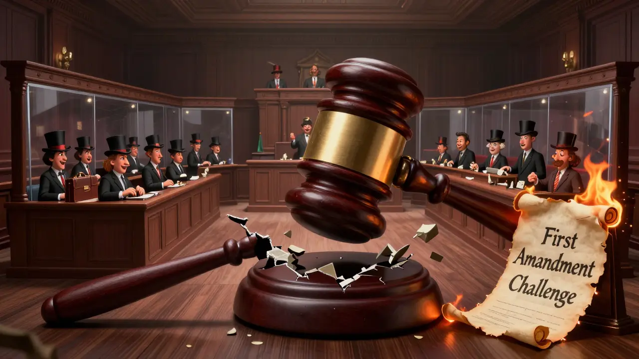 Courtroom scene with Constitution gavel revealing Senate and House chambers, lobbyists bribing committee members, legal scroll burning.