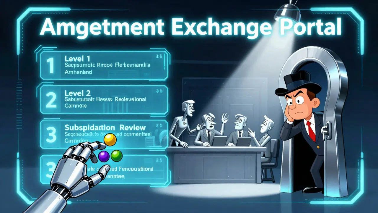 Digital Amendment Exchange Portal sorting amendments into three levels while a minority lawmaker watches a secret committee meeting.