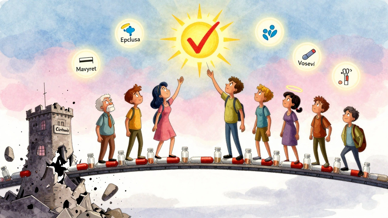 Diverse people crossing a pill bridge toward hope, as cirrhosis crumbles below them in cartoon style.