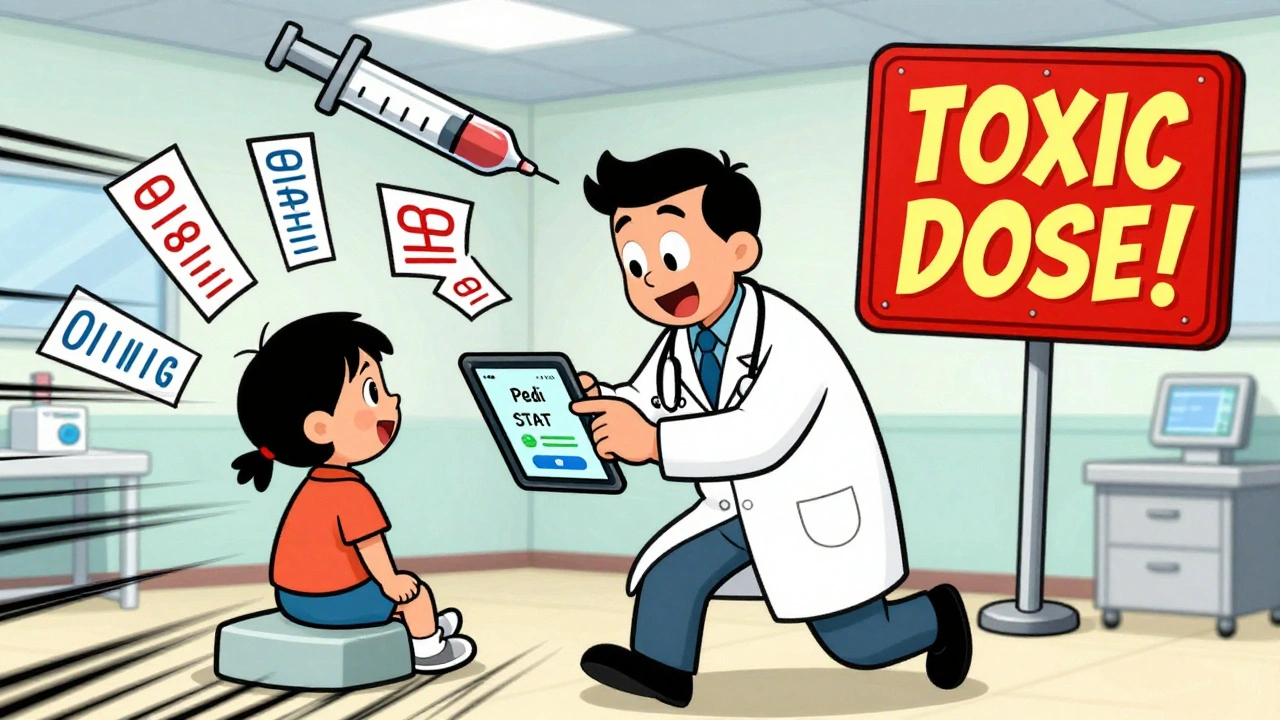 Emergency doctor using a dosing app in a busy ER, with floating medical calculations and a warning syringe.