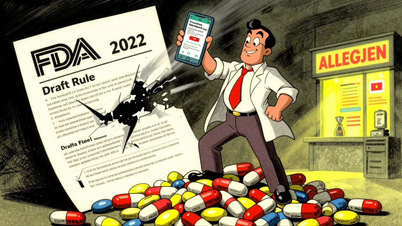 Heroic patient stands on discarded pills, using app to reveal safe meds, while FDA draft document tears apart in wind.