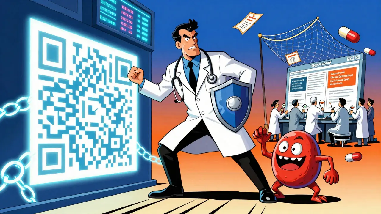 Heroic pharmacist crushing counterfeit pill monster under glowing blockchain chains