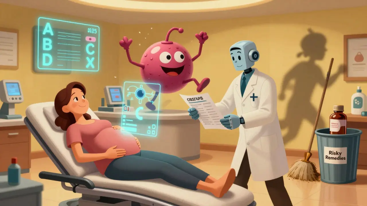 Holographic drug safety scores above a pregnant patient in a futuristic 2025 OB/GYN office