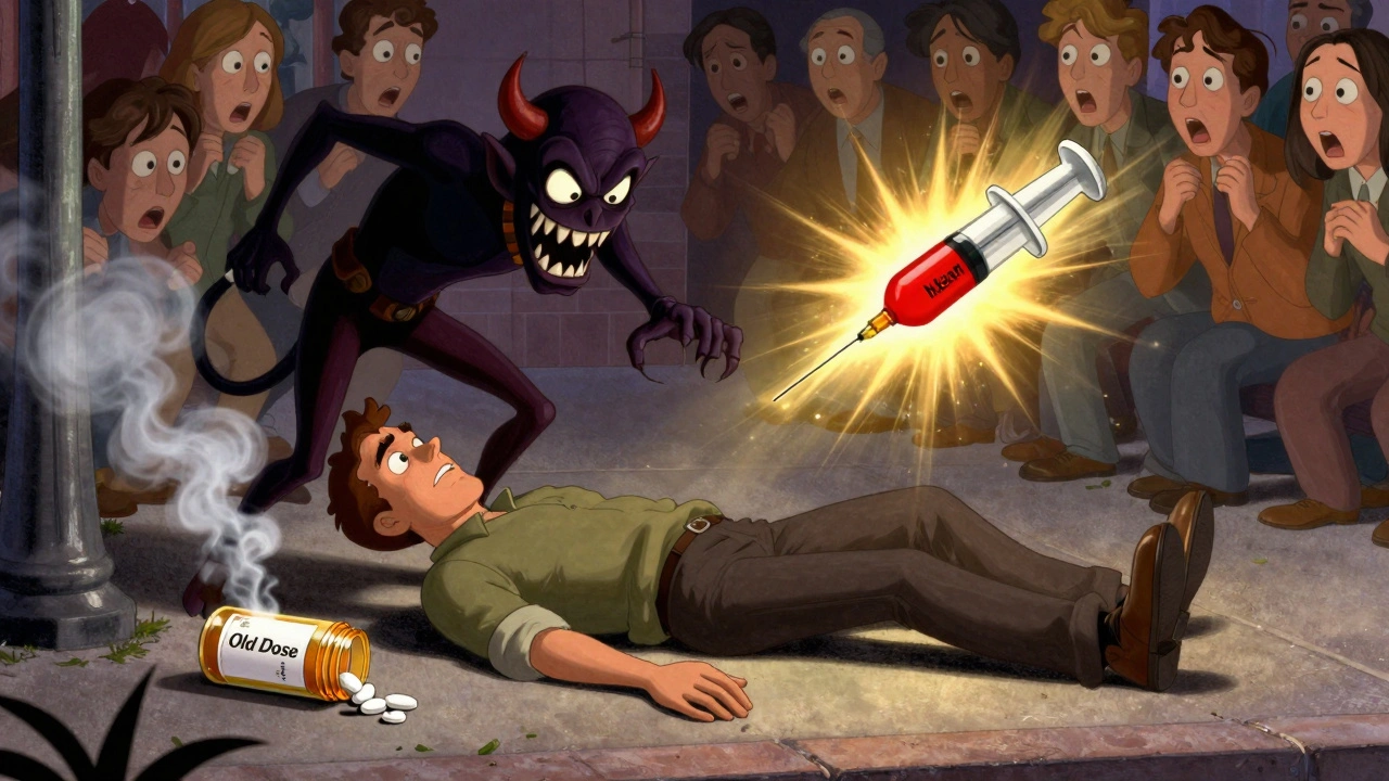 Man collapsing from fentanyl overdose as Narcan syringe flies in to save him, symbolizing reversal.