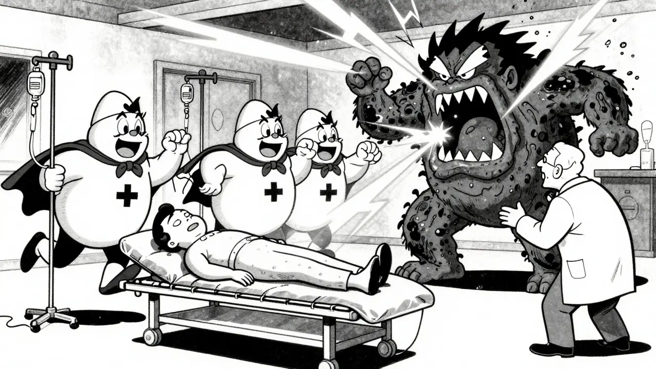 Medical heroes in IV capes battling a migraine monster in an emergency room cartoon scene.