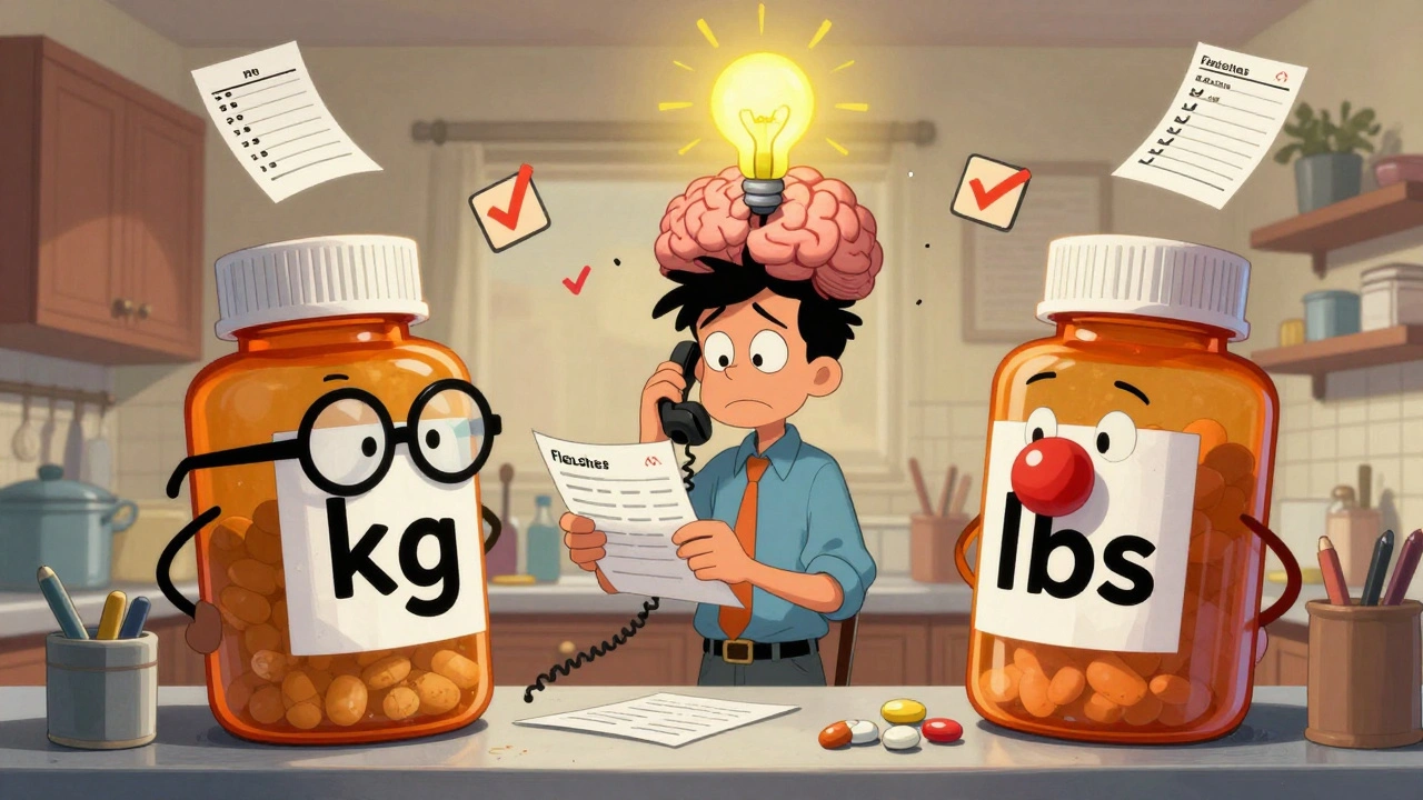Parent confused by weight units, with cartoon pill bottles arguing while a lightbulb glows above their head.