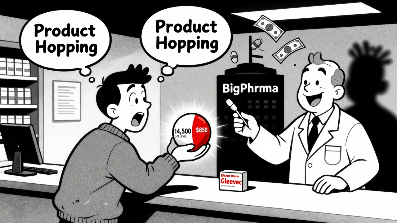 Patient holds giant brand-name pill while pharmacist offers tiny generic, corporate tower looms above