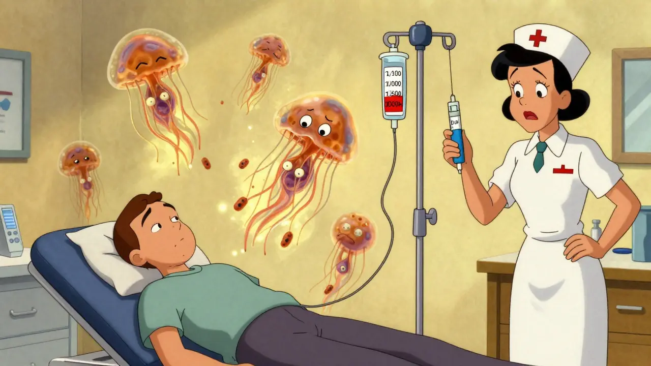 Patient receiving step-by-step IV drug desensitization with floating mast cells, medical cartoon style