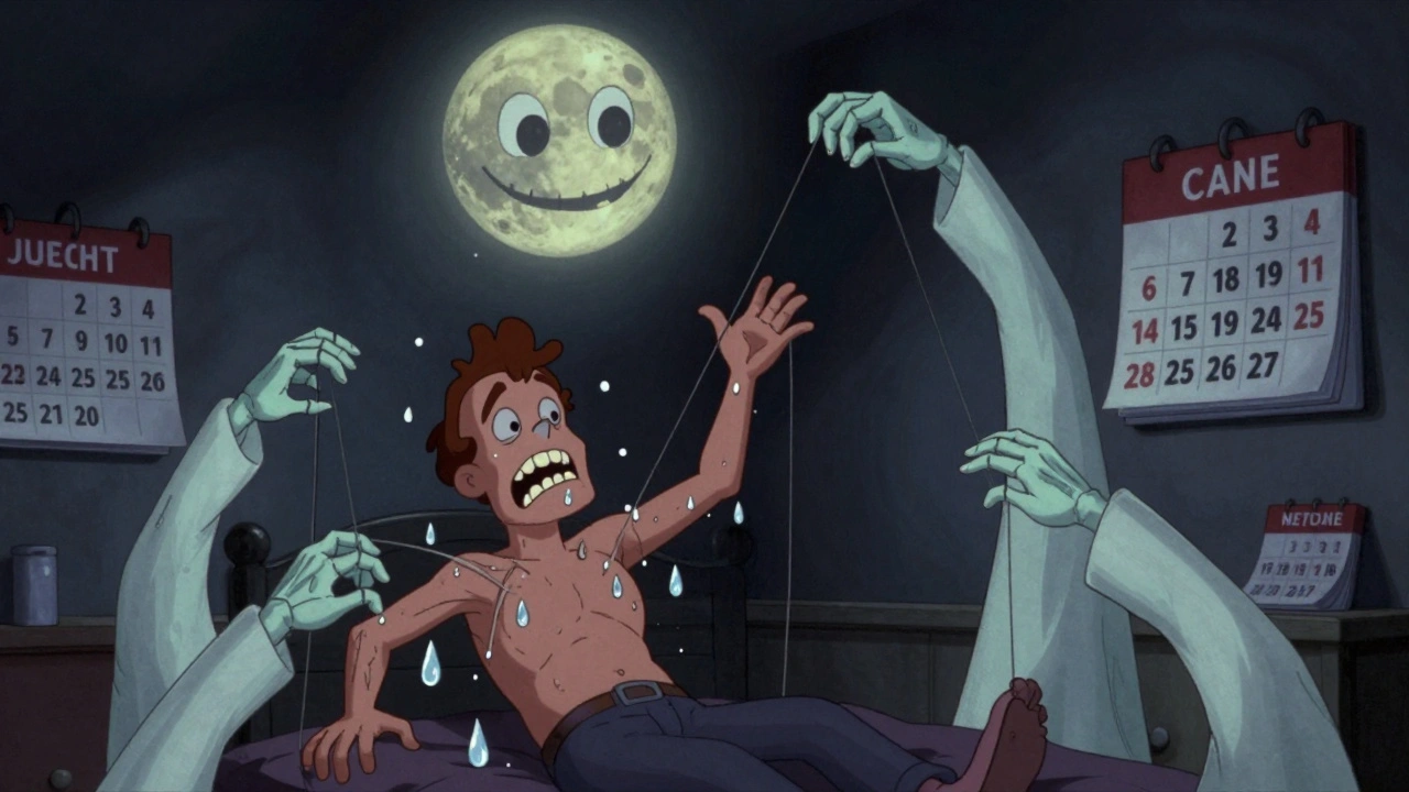 Person trembling as ghostly withdrawal hands pull at their nerves, showing physical dependence.