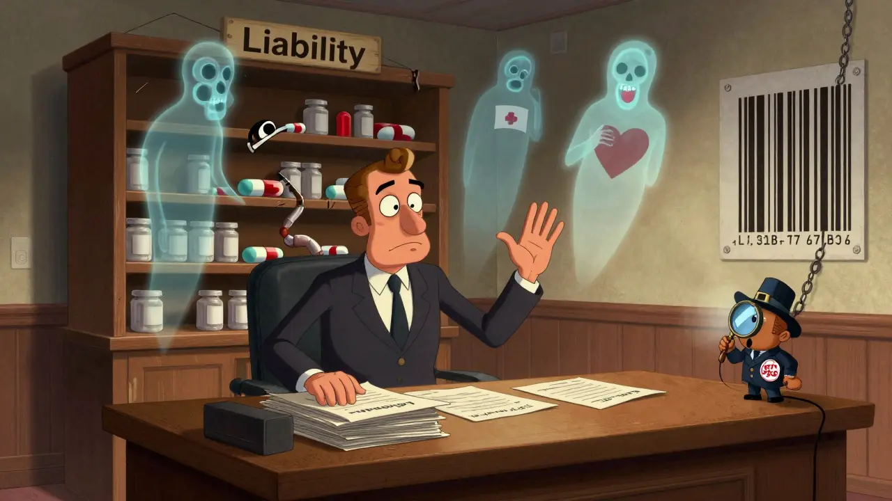 Pharmaceutical executive in courtroom surrounded by ghostly patients and insurance documents