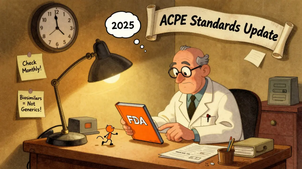 Pharmacist at desk watching a tiny animated FDA Orange Book run away with a new code update, surrounded by sticky note reminders.