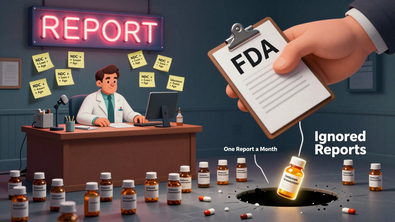 Pharmacist at desk with sticky notes and floating FDA hand, one pill glowing as others vanish