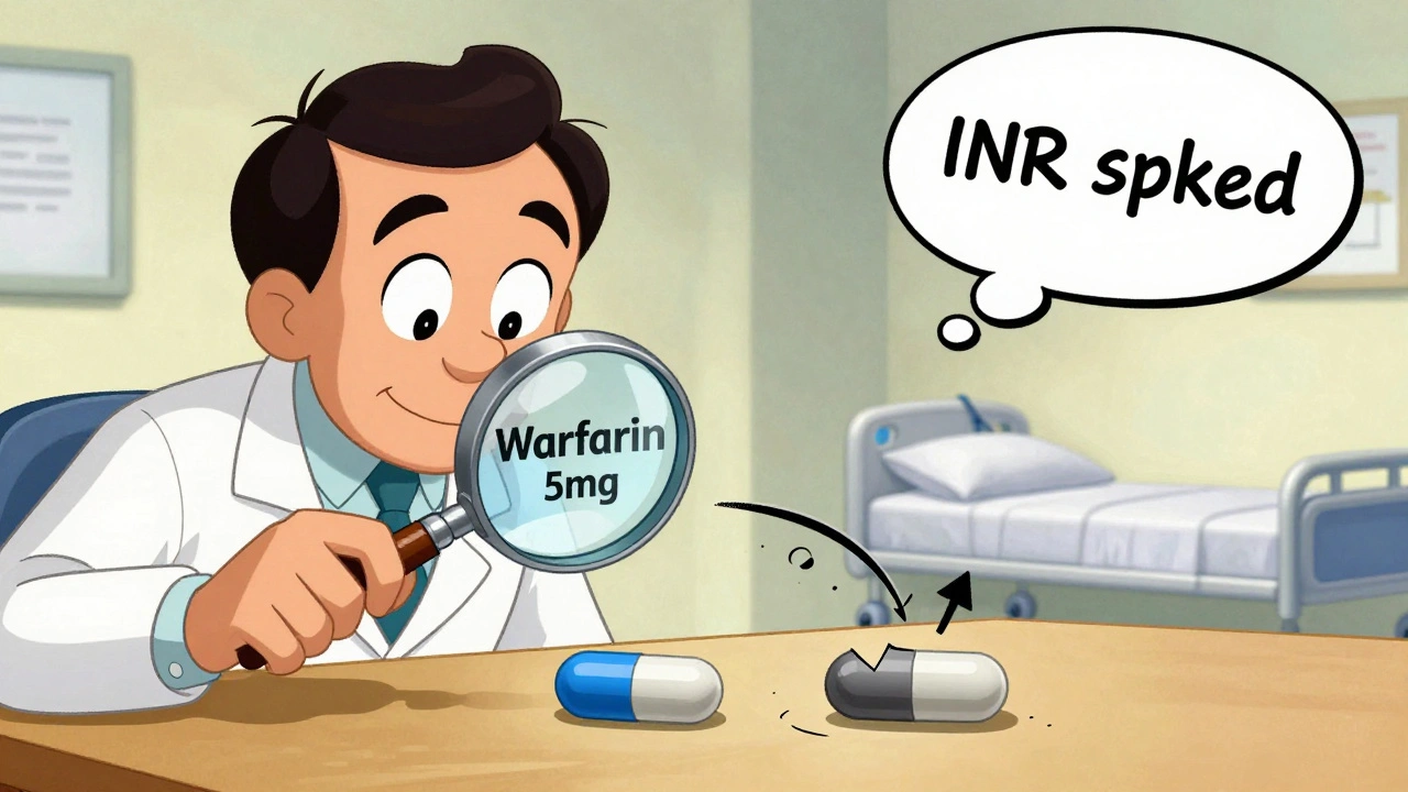 Pharmacist using magnifying glass to compare two different generic pills with absorption patterns
