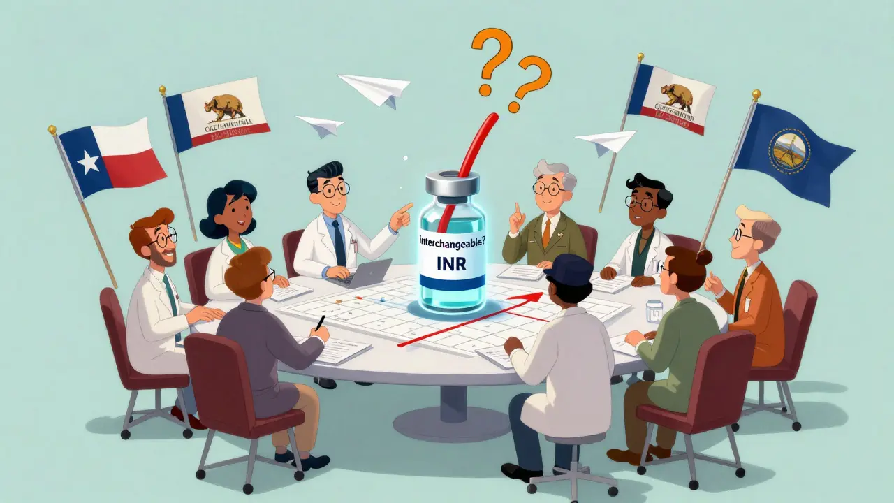 Pharmacists debating a rising INR graph and biosimilar vial at a prescription-pad table with state law flags flying around them.