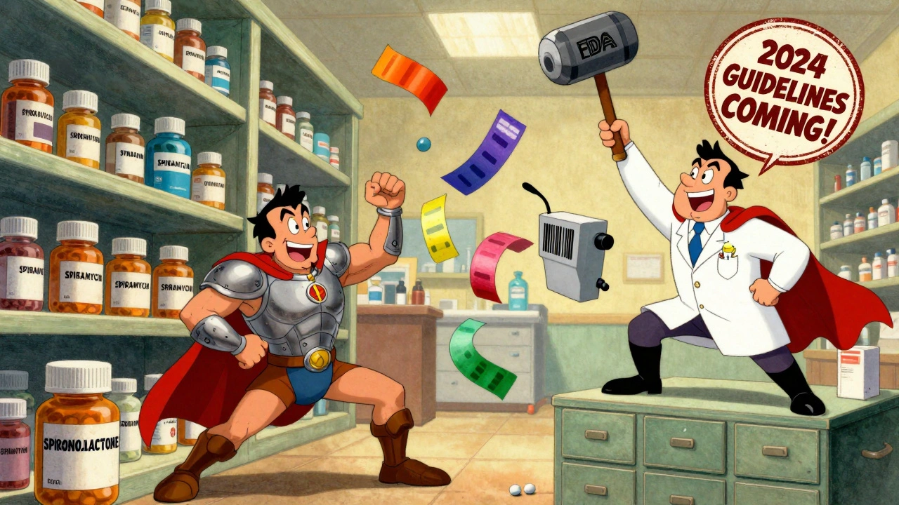 Pill bottles wrestling like cartoon fighters on a shelf, separated by colorful tape and risers while a superhero pharmacist stands atop drawers.