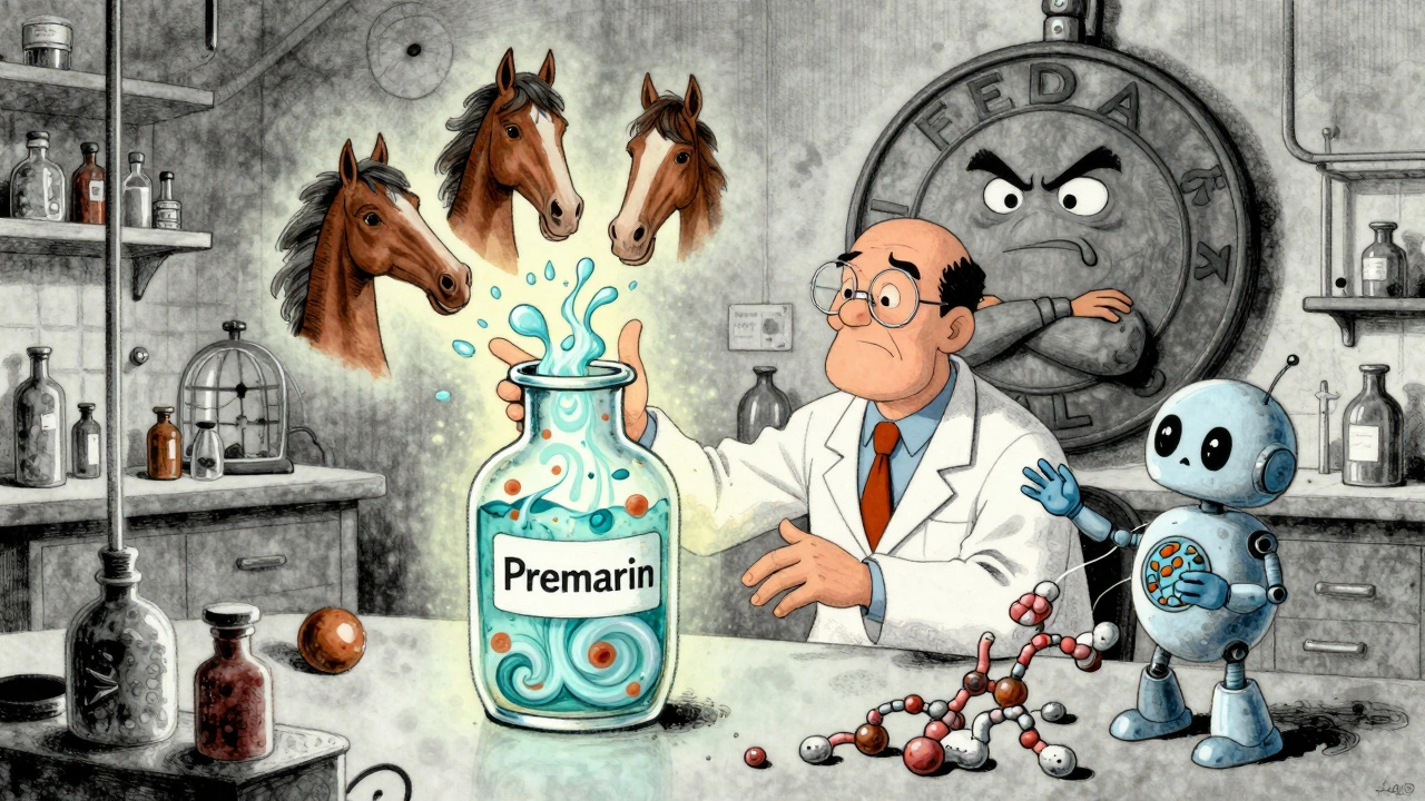 Scientist unable to copy Premarin as horse heads float away, FDA watches in Fleischer style