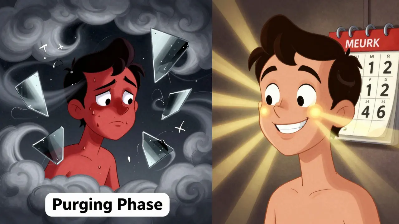 Split cartoon scene: frustrated face with flaky skin on left, glowing smooth skin on right, with calendar flipping from week 2 to month 6.