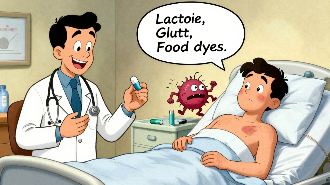 Split scene: doctor prescribes pill while patient suffers allergic reaction with cartoon allergen monsters floating nearby.