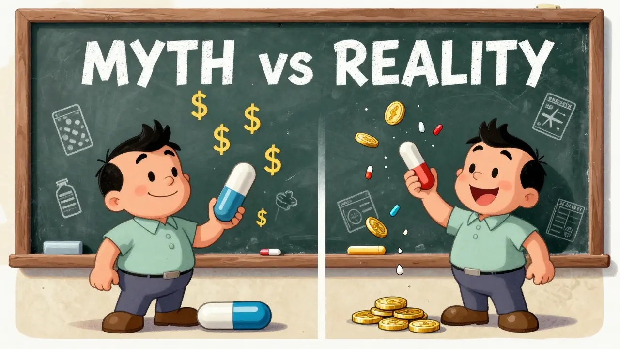 Split scene: expensive antibiotics vs penicillin savings, myth vs reality cartoon illustration