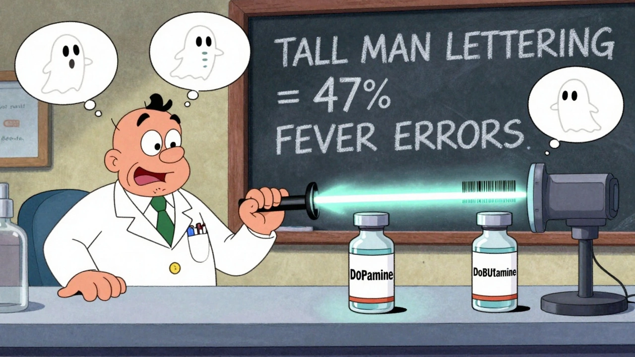 Two insulin vials labeled DOPamine and DoBUTamine sliding toward each other as a barcode scanner beam zaps between them in a cartoon pharmacy scene.