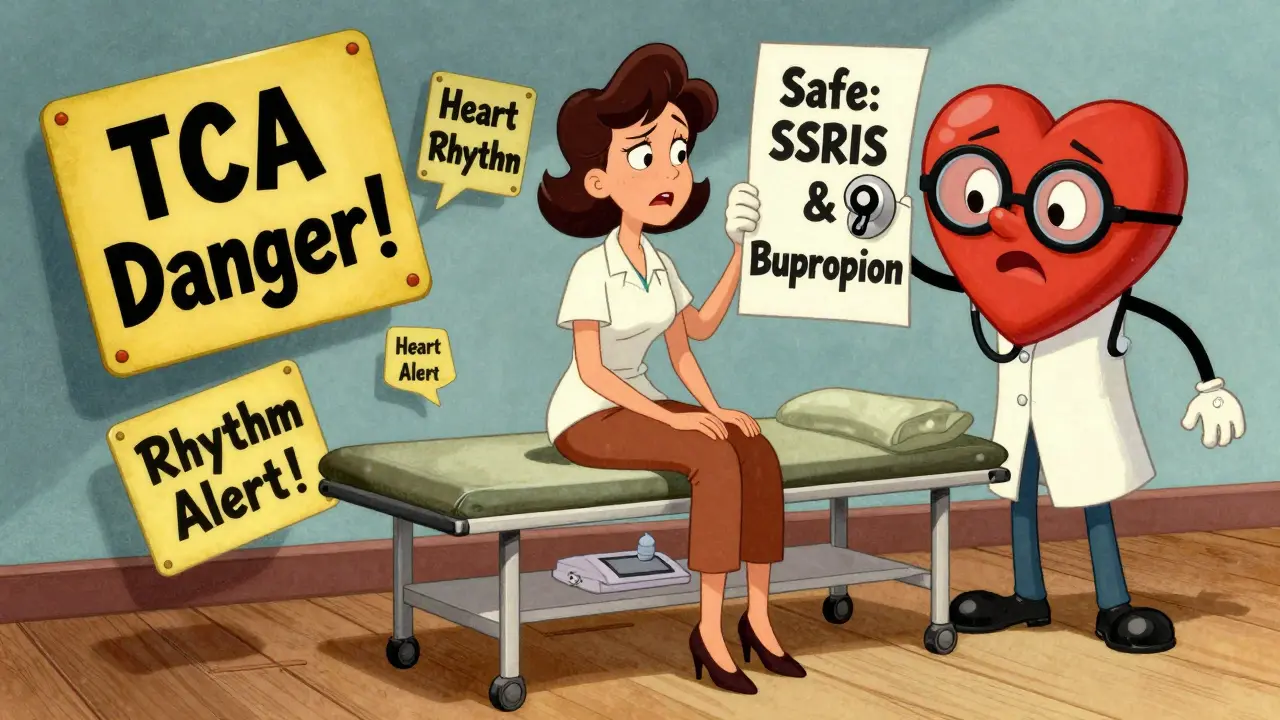 Woman on exam table with floating warning signs and a friendly heart doctor offering reassurance.