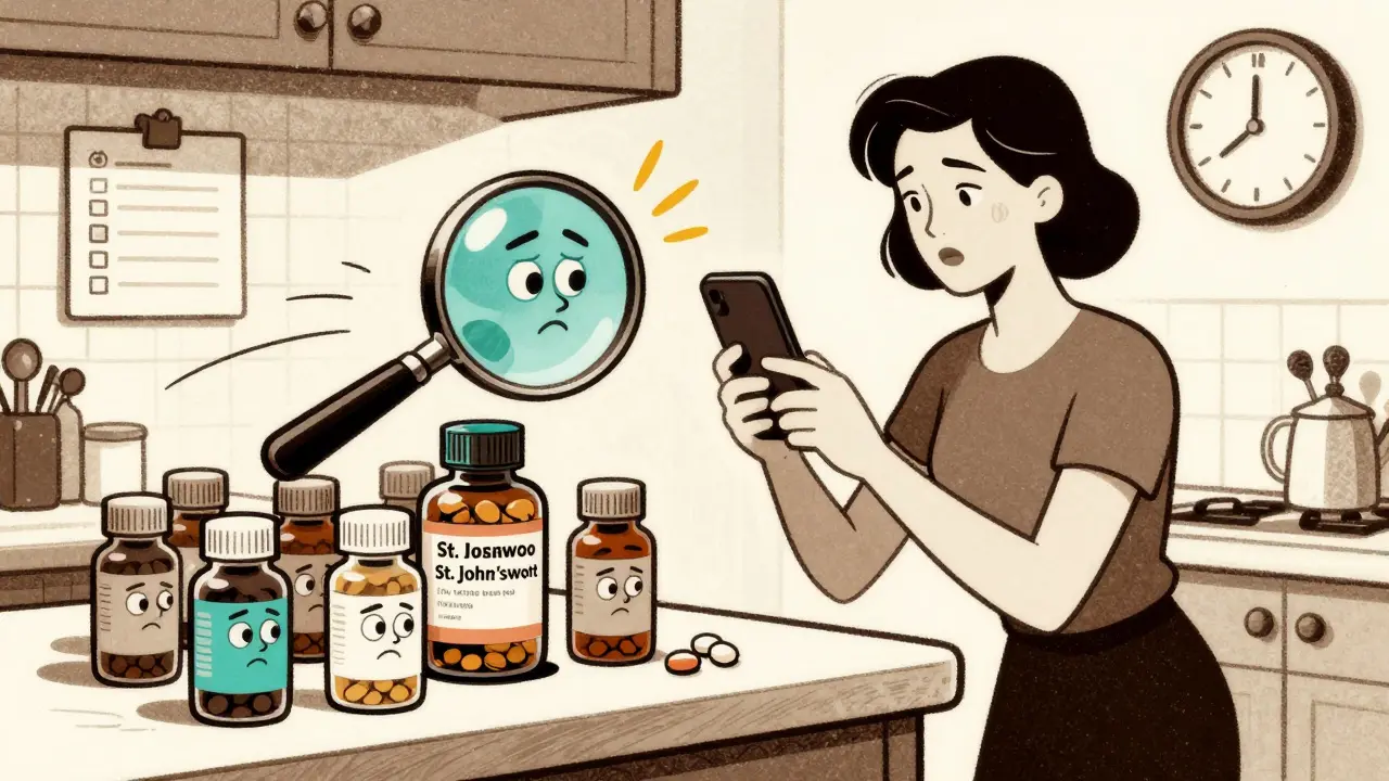 Woman taking photos of pill bottles in her kitchen with cartoonish warning icons