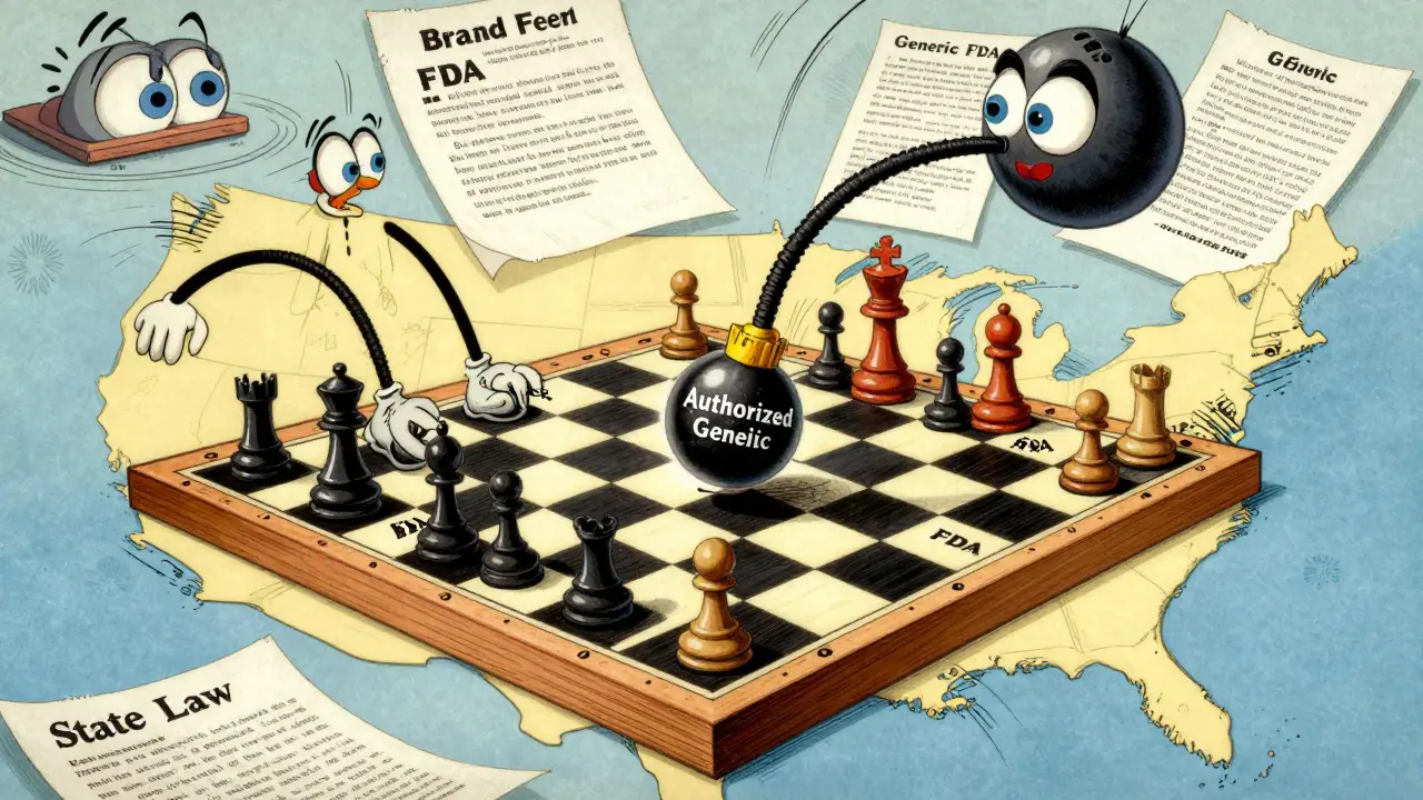 A chessboard on a U.S. map with strategic pieces representing drug companies, FDA, and state laws.