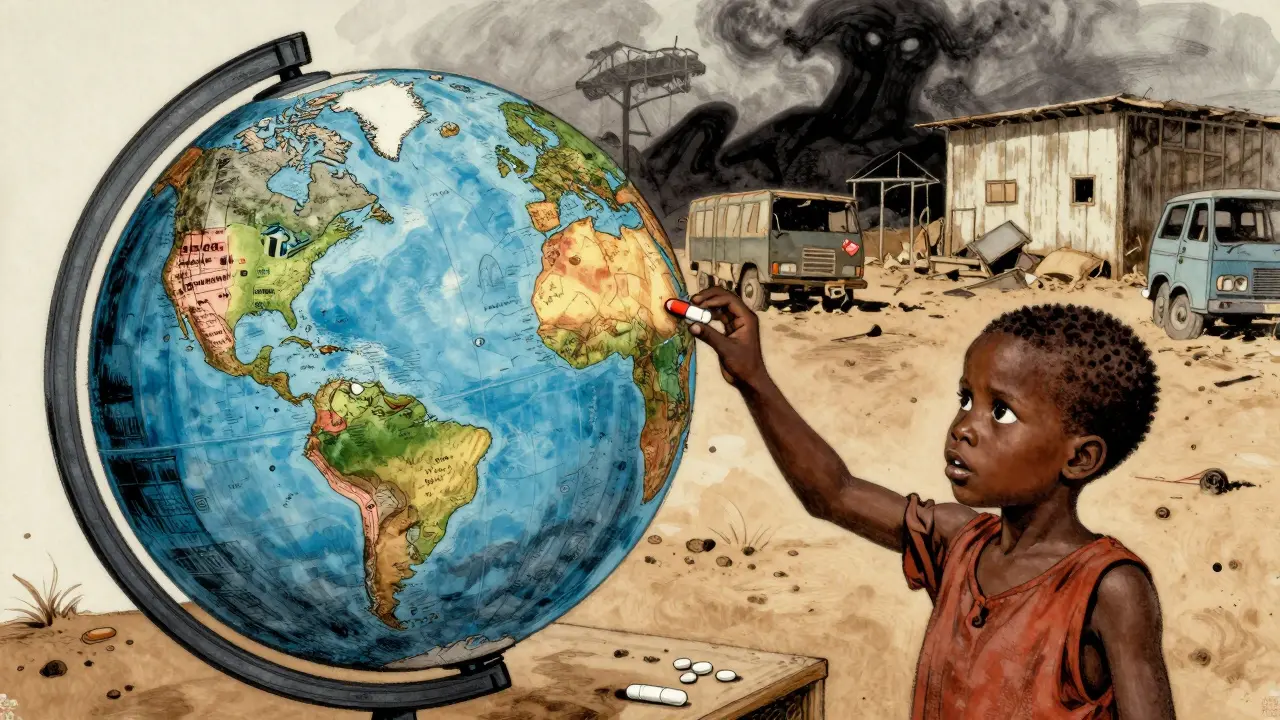 A child reaches for a low-cost antibiotic as a broken supply chain looms behind them.