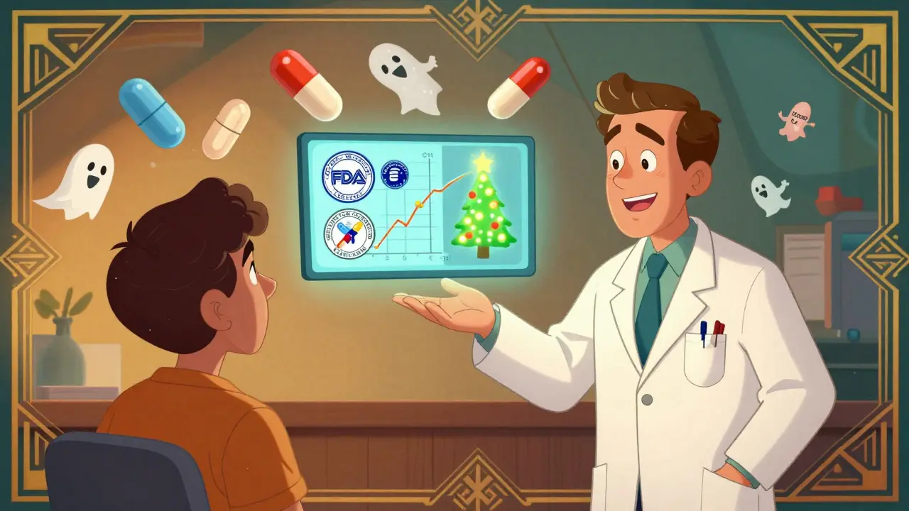A doctor and patient watch an animated video explaining generics, with floating pills and brain lights.