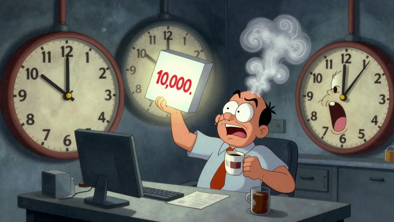 A factory worker battles giant clocks and a bright light box in a surreal, animated control room.