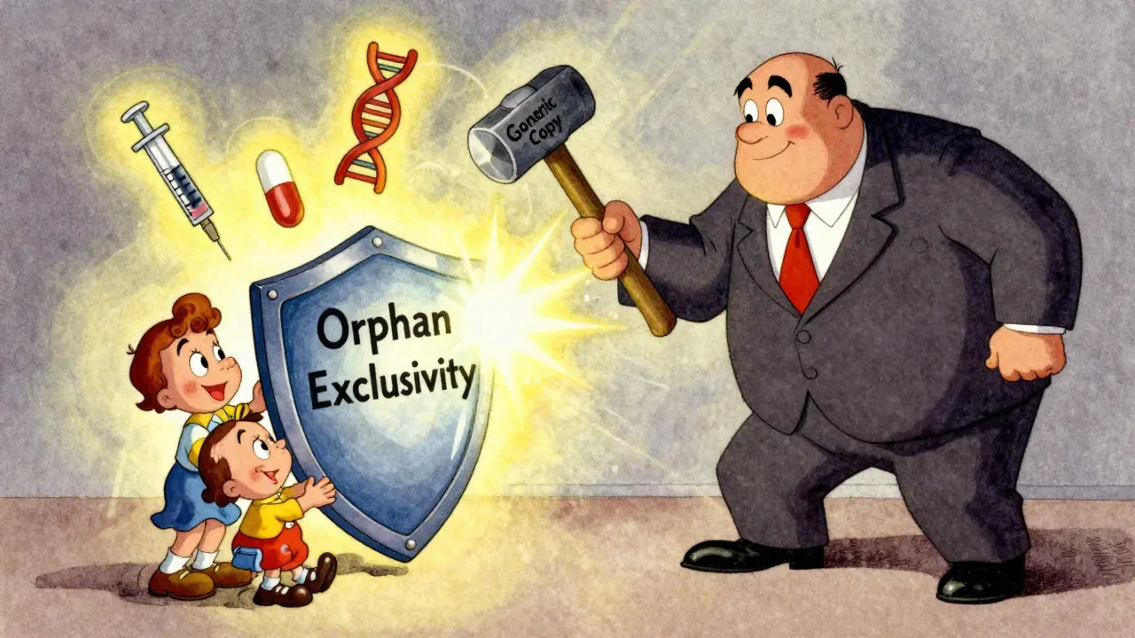 A family protected by a glowing seven-year shield blocks a giant hammer labeled 'Generic Copy'.