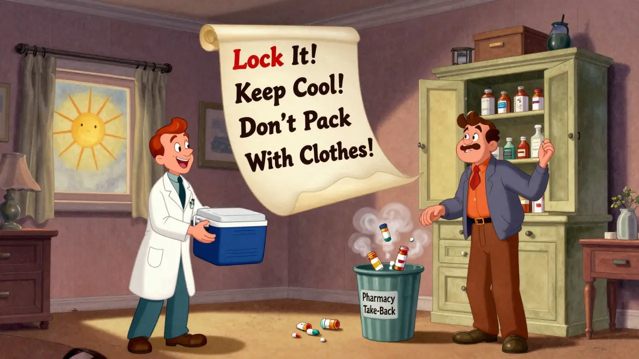 A floating checklist animates as a pharmacist hands a cooler to a homeowner, with discarded pills dissolving into smoke.