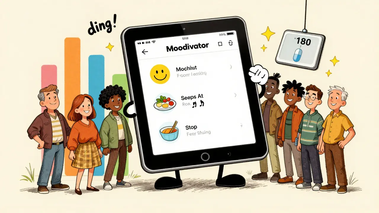A floating tablet showing an app tracking mood, food, steps, and medication, with cheerful progress bars and a dropping scale.