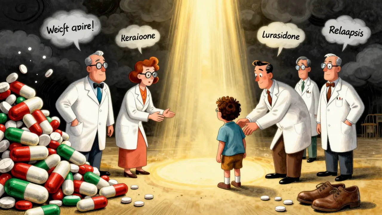 A medical team guiding a patient away from a pile of pills toward a glowing path with healthier alternatives and walking shoes.