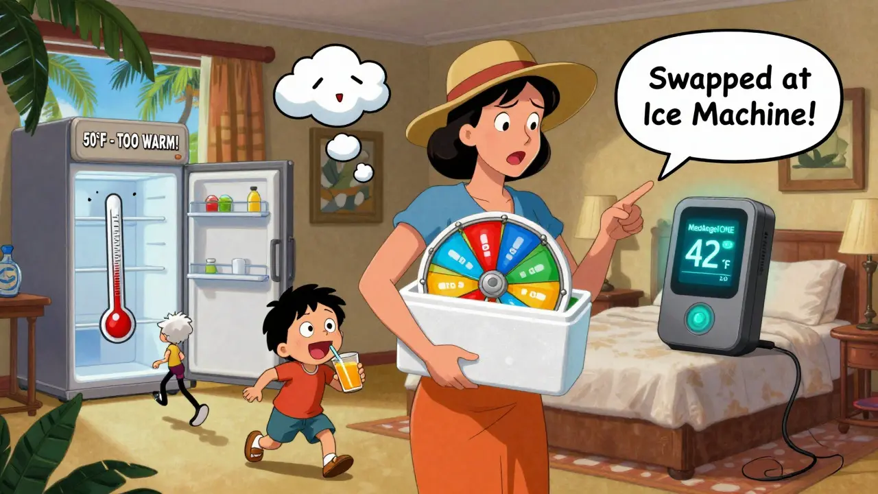 A mother rotates gel packs in a cooler while a mini-fridge reads 'too warm', cartoon style.