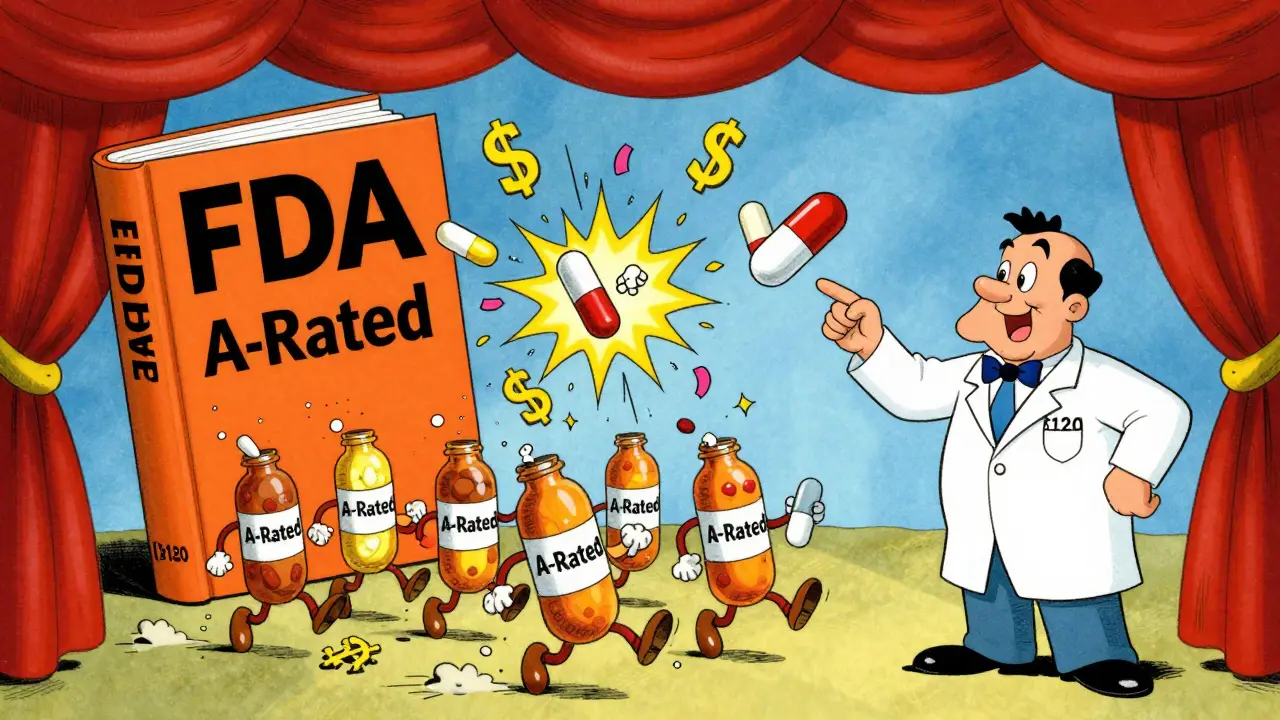 A parade of FDA-approved generic pills defeats expensive brand-name drugs, with dollar signs falling like confetti in vintage animation style.
