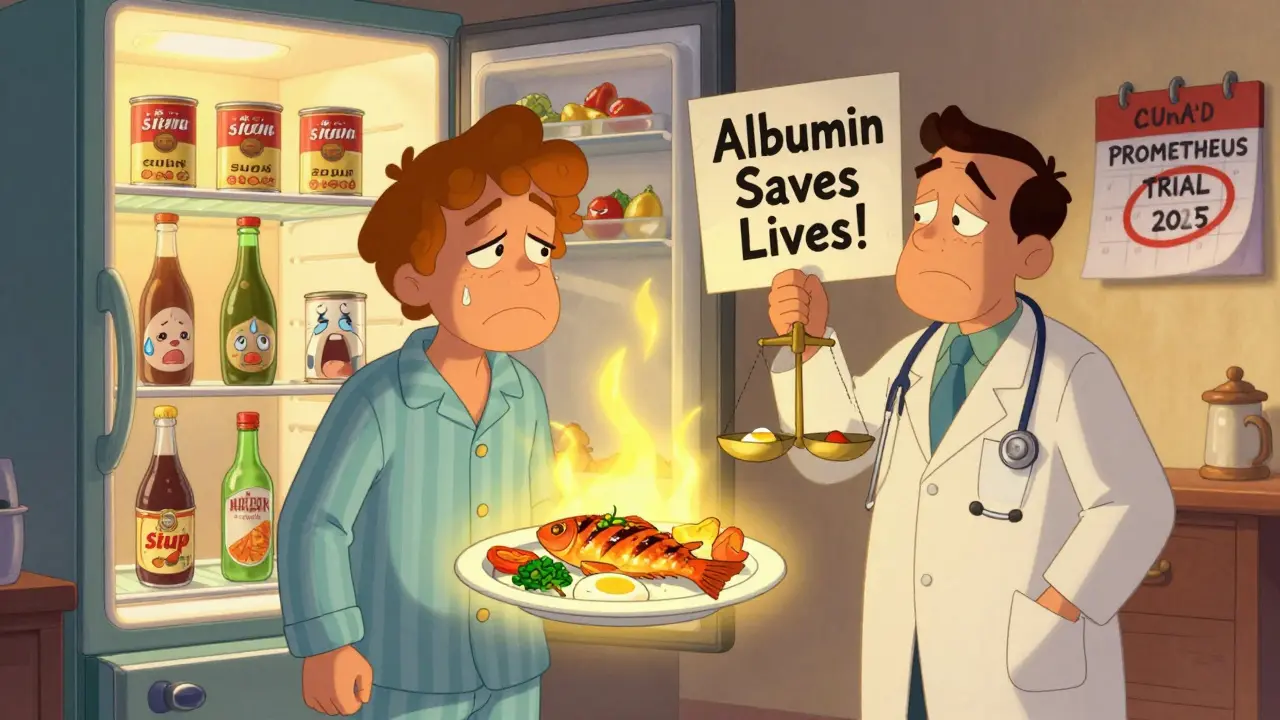 A patient faces a fridge full of crying processed foods, while a healthy meal glows brightly beside them.