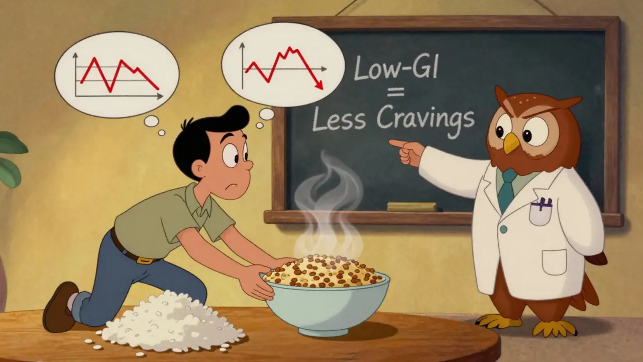 A person swapping white rice for barley and lentils, with blood sugar graphs in thought bubbles.