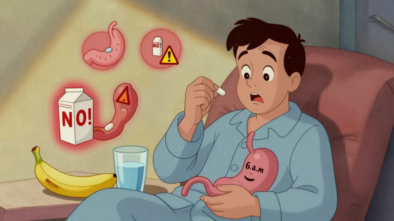 A person taking thyroid medication at dawn while a milk carton-shaped calcium ion sneaks in, with warning icons and morning light.