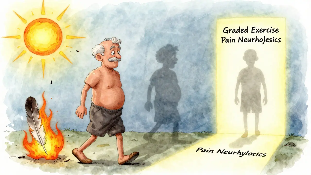 A person walking through a surreal world where gentle things feel like pain, guided toward healing light.