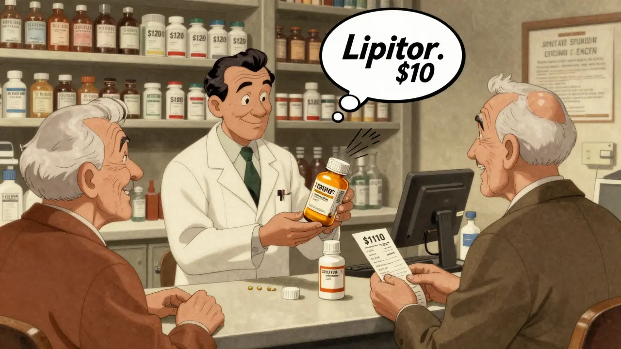 A pharmacist swaps a brand-name pill for a cheap generic, with price drop shown in thought bubbles.