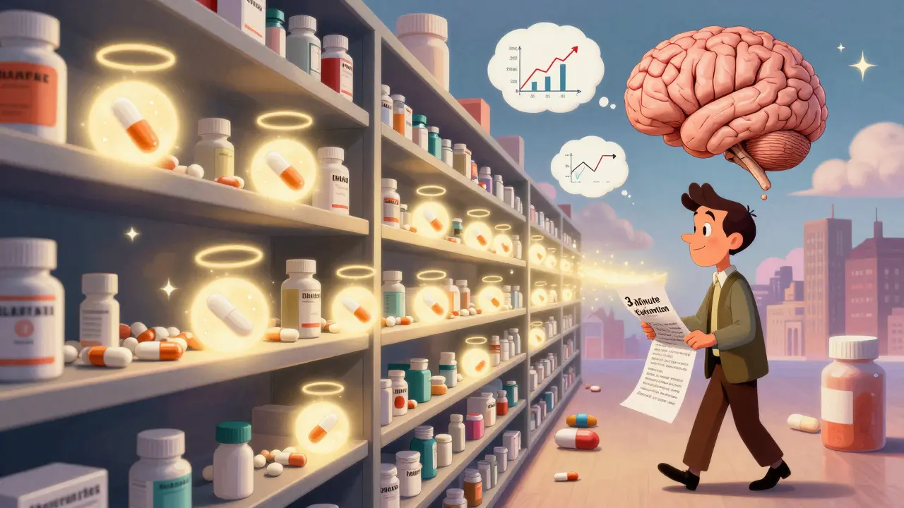 A pharmacy shelf with glowing brand and generic pills, where generics sparkle after a patient learns the truth.