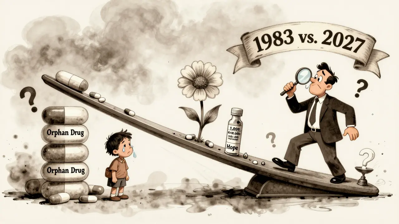 A scale tips between million-dollar pills and a fragile flower of hope, with FDA adjusting weights.