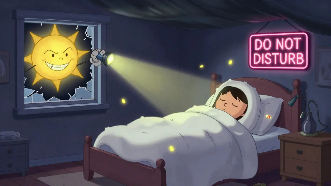 A sleep fortress bedroom with a sneaky sun peeking through curtains while the sleeper rests peacefully.